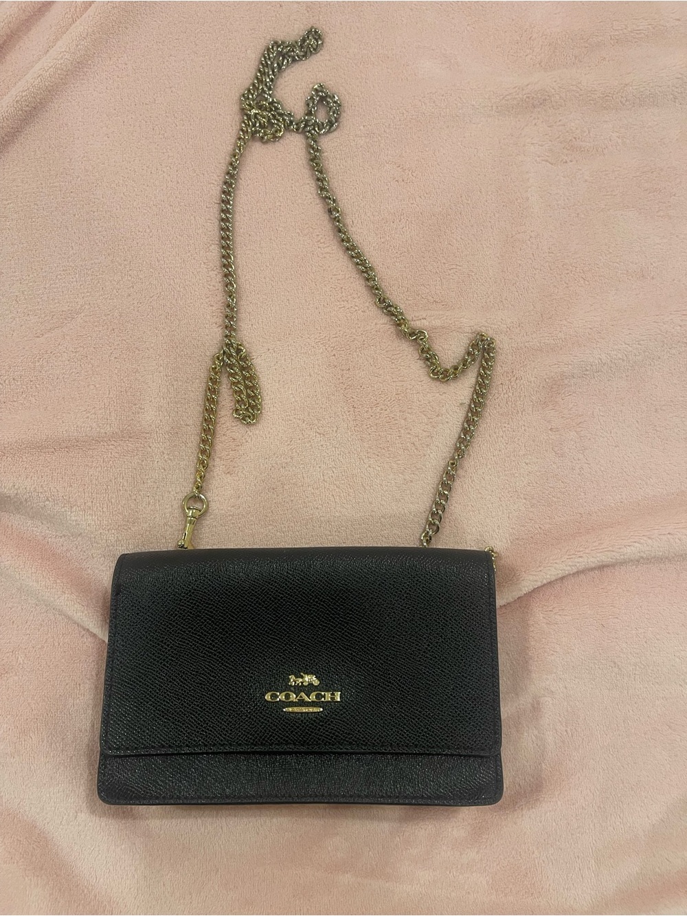 Coach Black Leather Crossbody with Gold Chain Strap